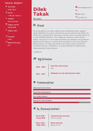 Eczacı CV Örnekleri cv indir